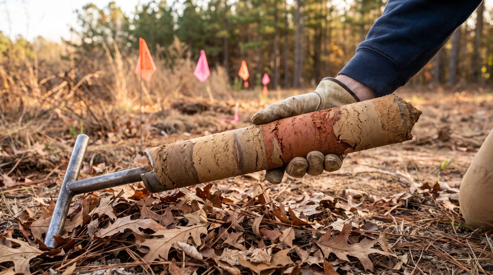 A gloved hand holds a soil core from a hand auger above leaf-covered ground, with small flags in the background in late afternoon autumn light.